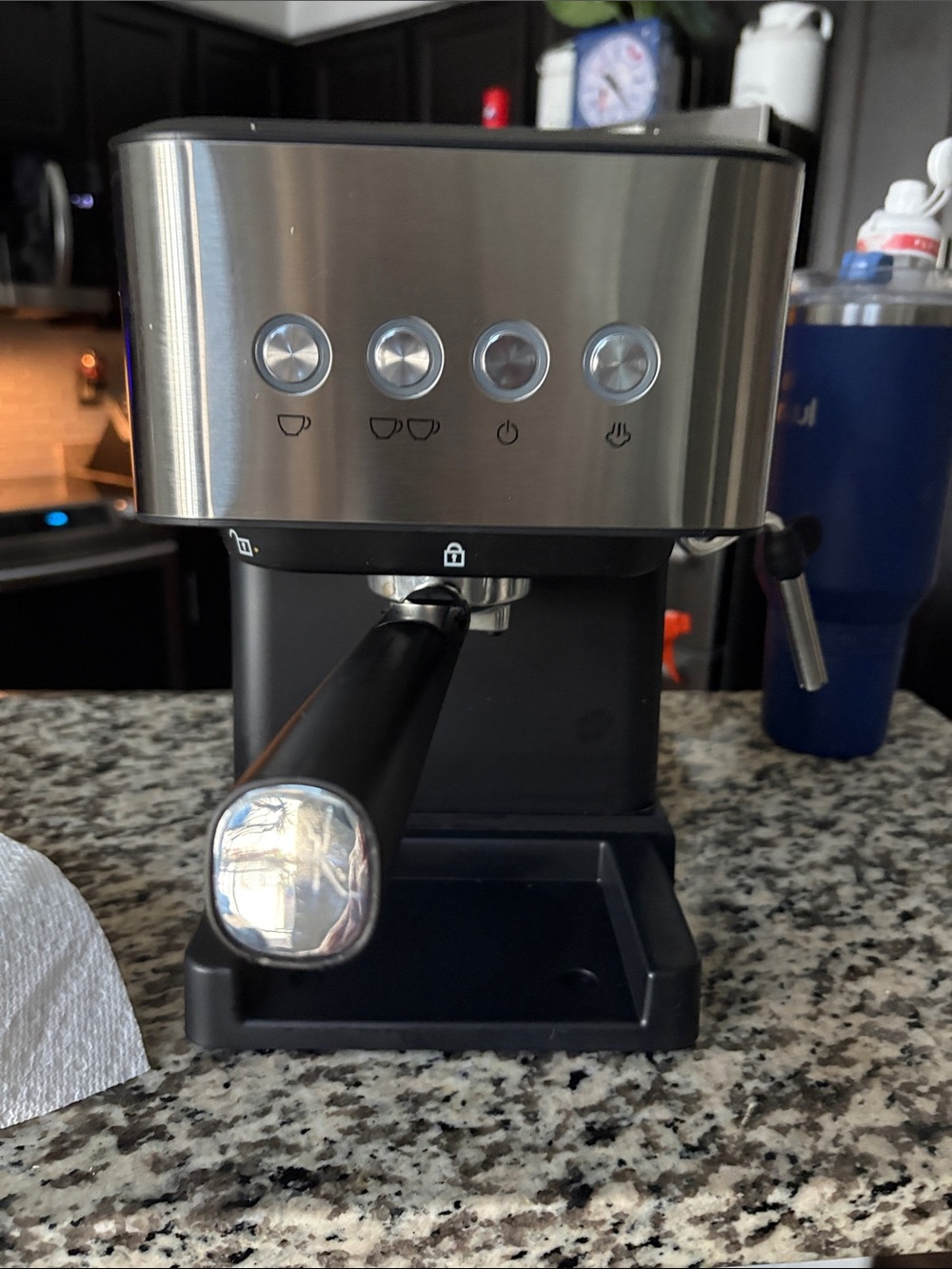 Stainless Steel and Black Espresso Machine with Steam Wand